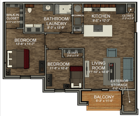 Floor plan for 2 beds, 1 bath, 1076 sqft